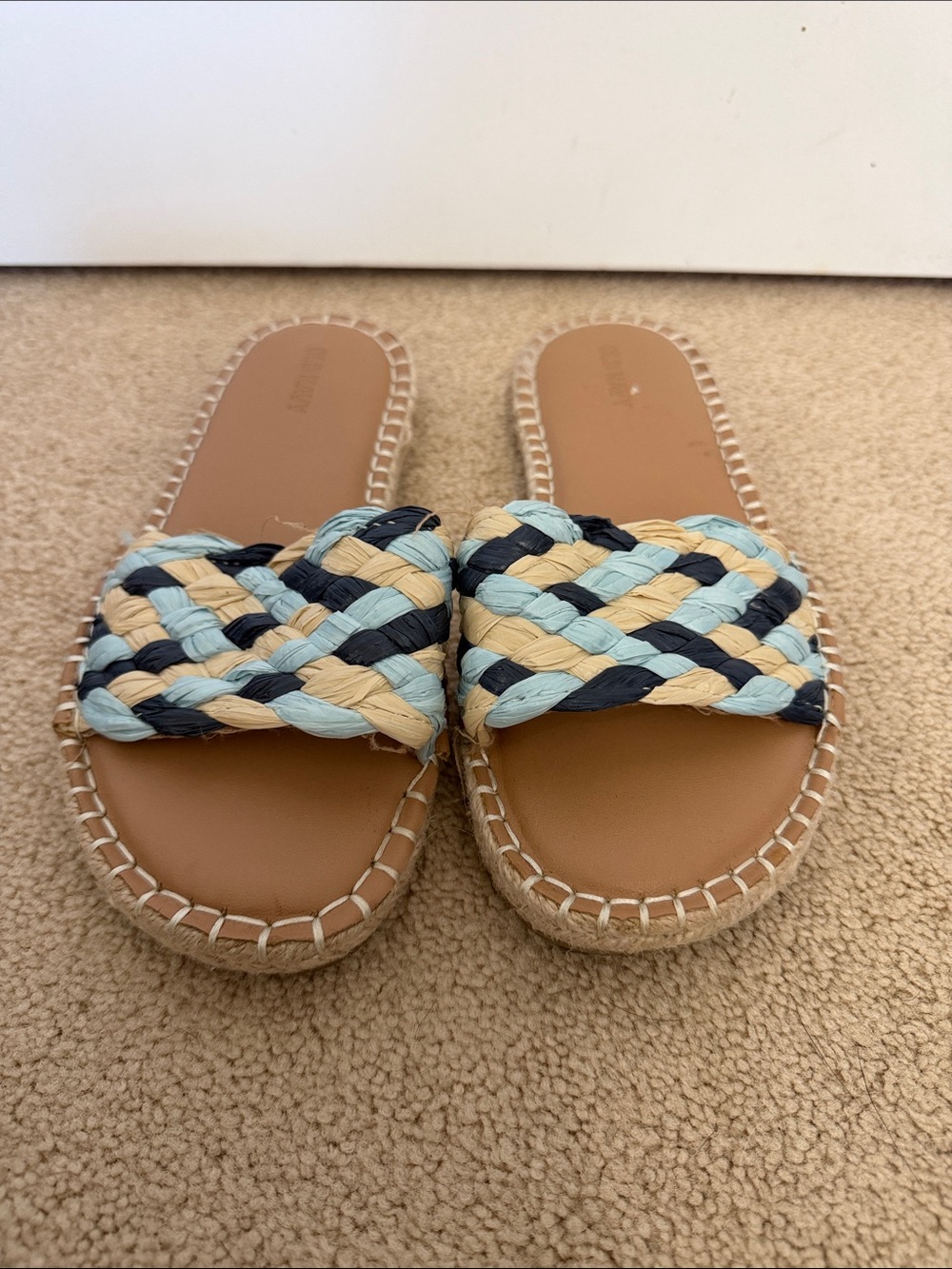 Old Navy Raffia Espadrille Slide Sandals Size 7 Light Blue, Navy & Tan Flats